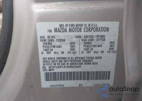 2001 Mazda Tribute Es V6/Lx V6 из США, поврежденный, VIN 4F2YU09121KM67669